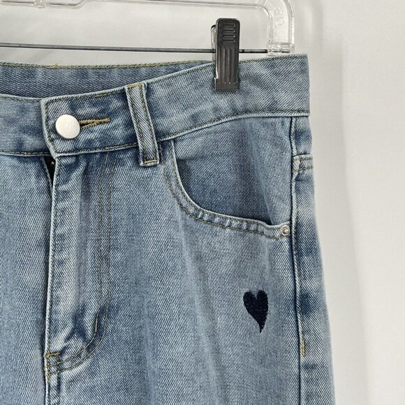 Romwe Wide Leg High Rise Jeans Light Wash Hearts Sz 4 Small - Picture 3 of 7